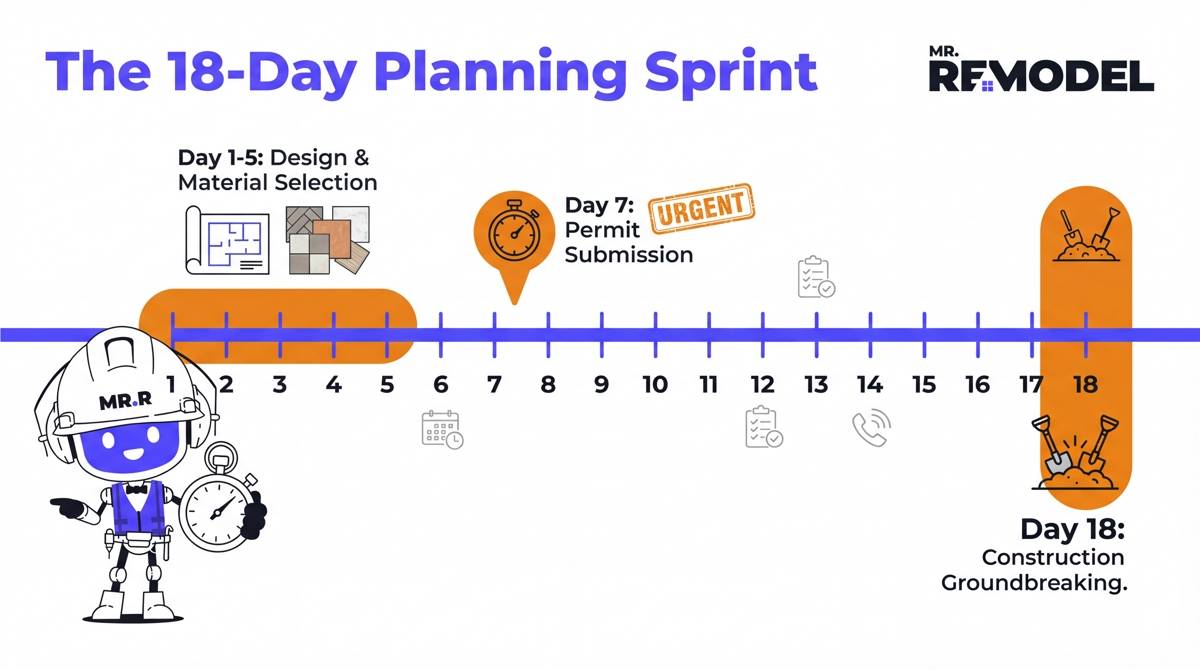 Infographic timeline titled "The 18-Day Planning Sprint" for Pittsburgh bathroom renovations. It visually maps critical milestones in blue and orange, showing "Day 1-5: Design & Material Selection," "Day 7: Permit Submission," and "Day 18: Construction Groundbreaking," emphasizing the fast-paced local market schedule.