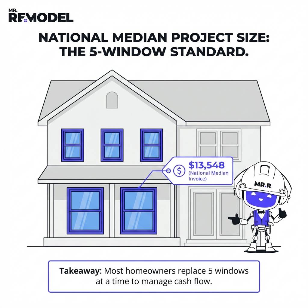 An architectural diagram highlights five specific windows on a home facade to illustrate the national median project scope and the associated invoice cost of 13548 dollars.  2