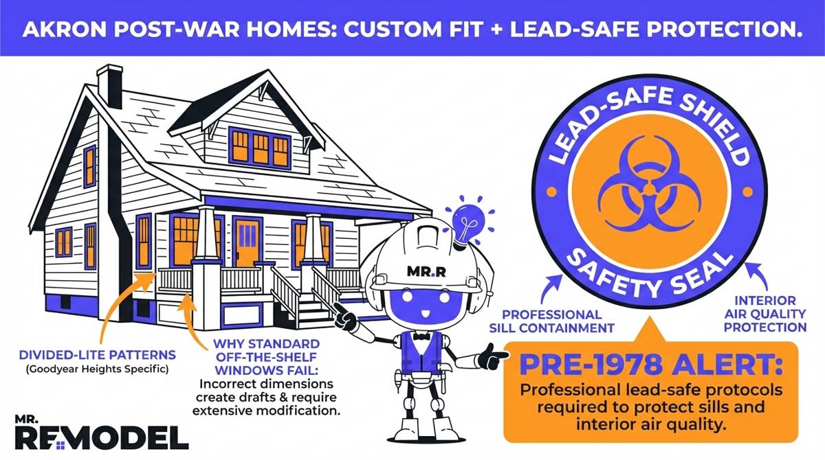 An architectural infographic for Akron, OH homeowners shows a post-war bungalow, highlighting the need for custom-sized windows to maintain historic charm and the importance of EPA lead-safe installation for homes in zip codes 44306 and 44305.
