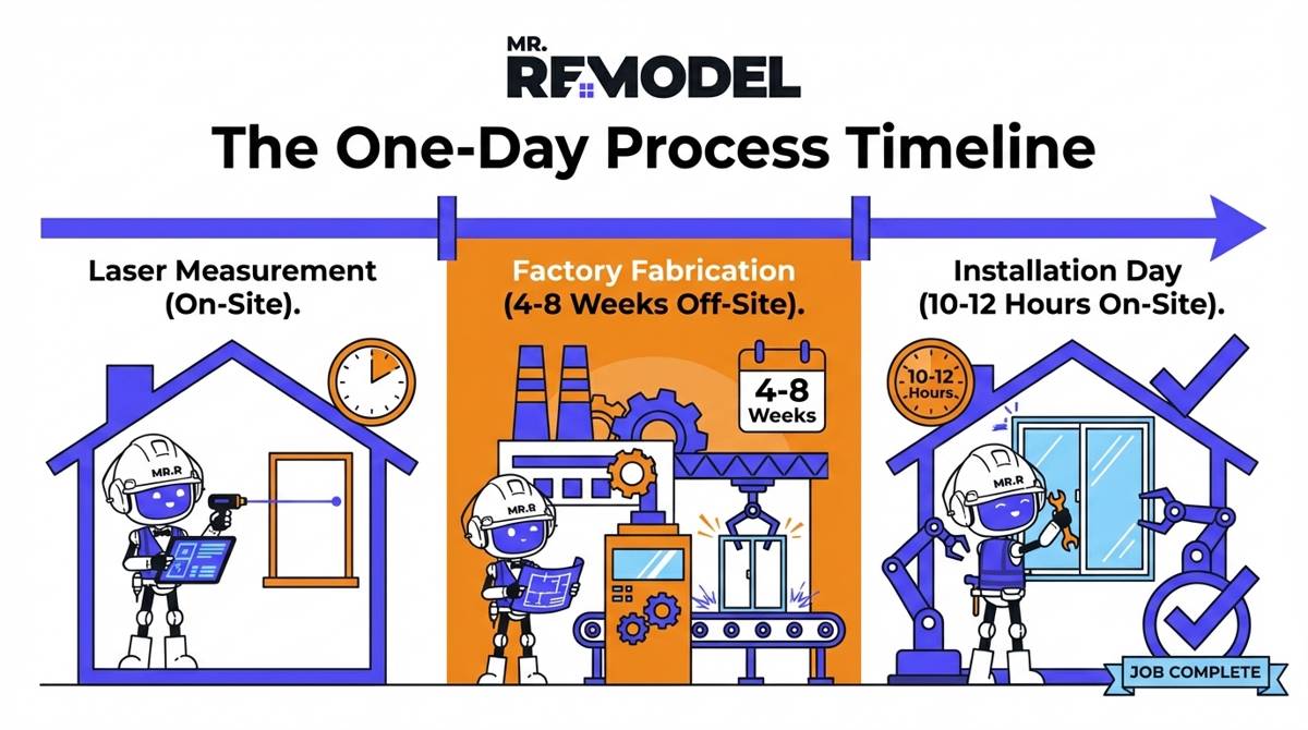 A process timeline explains the One-Day Remodel method, starting with laser measurement, followed by 4-8 weeks of factory fabrication, and concluding with a single day of installation.