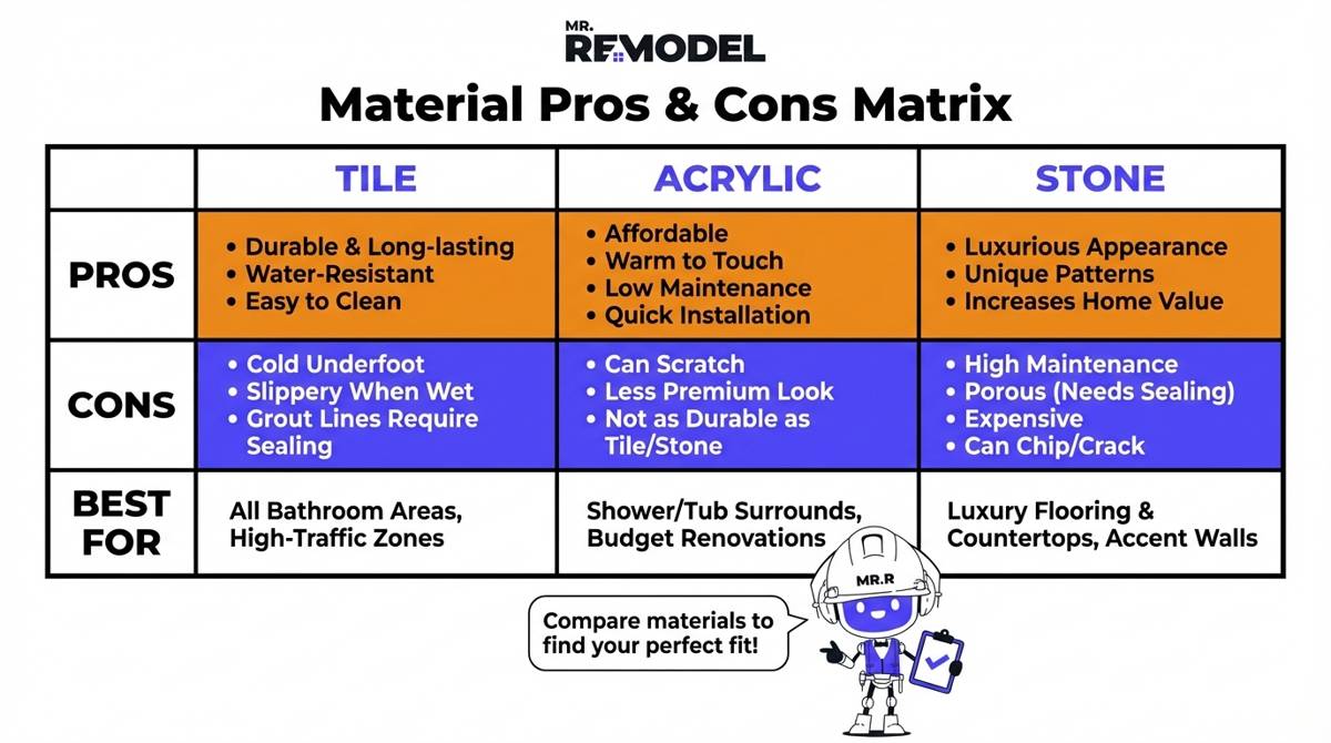 A material comparison table evaluates Tile for its premium look but high maintenance, Acrylic for its low maintenance and flexibility, and Stone for its luxury appeal but high cost and weight.