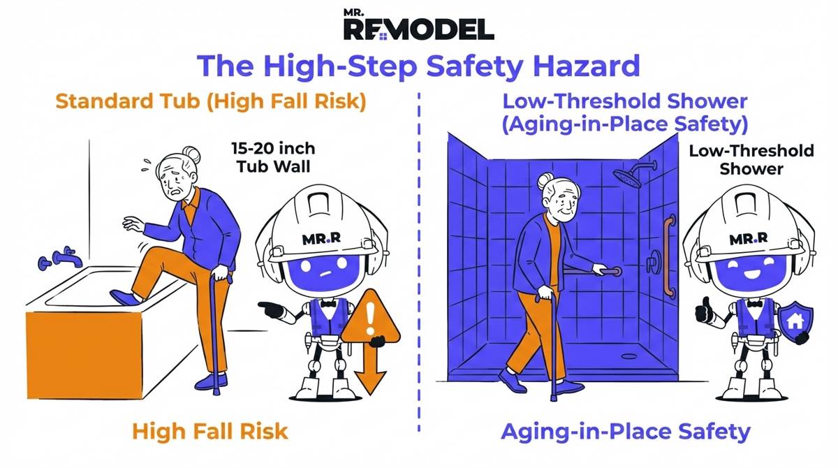 A comparison sketch contrasts the high fall risk of stepping over a 15 to 20 inch tub wall with the safety of walking into a low threshold shower for aging in place.