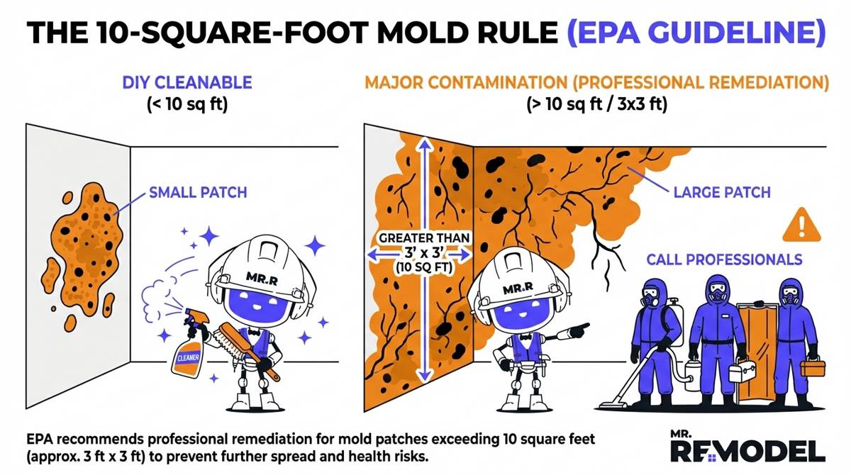 A size comparison graphic illustrates the EPA rule that mold patches larger than 10 square feet indicate major contamination requiring professional remediation.