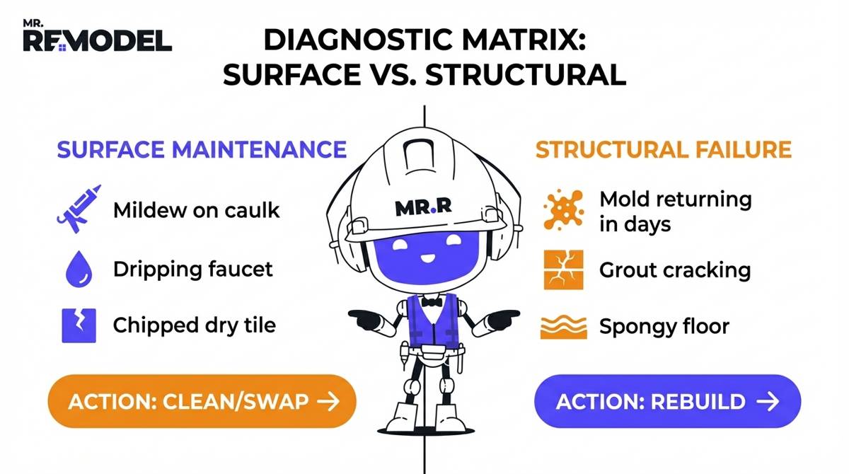 A diagnostic matrix compares surface maintenance issues like mildew on caulk against structural failures like returning mold or cracking grout that require rebuilding.
