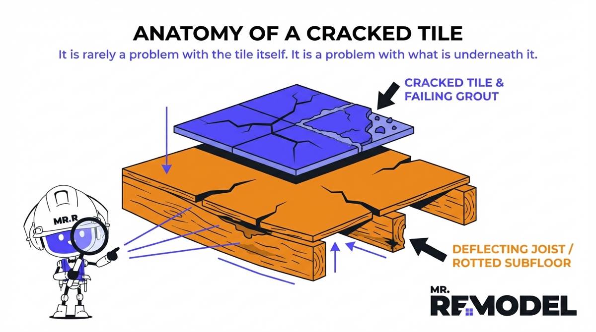 An exploded floor diagram demonstrates that cracked tiles are caused by underlying issues like deflecting joists or rotted subfloors rather than the tile itself.