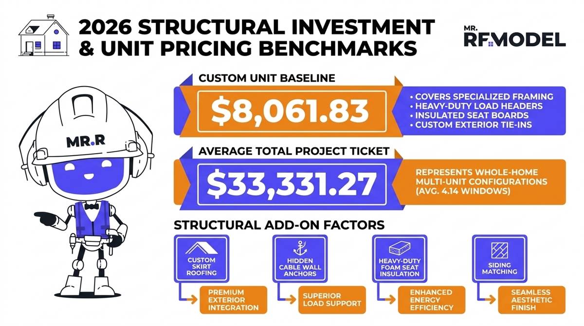 A 2026 visually striking financial matrix infographic charting the $8,061 unit benchmark and $33,331 average project ticket for bay and bow window structural installations.