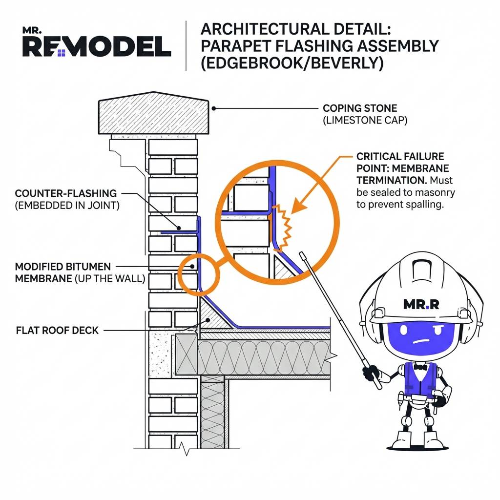 Architectural cross-section of a parapet flashing assembly. It highlights the blue counter-flashing and membrane layers, with a magnified orange callout detailing the critical termination point that must be sealed to prevent masonry spalling.