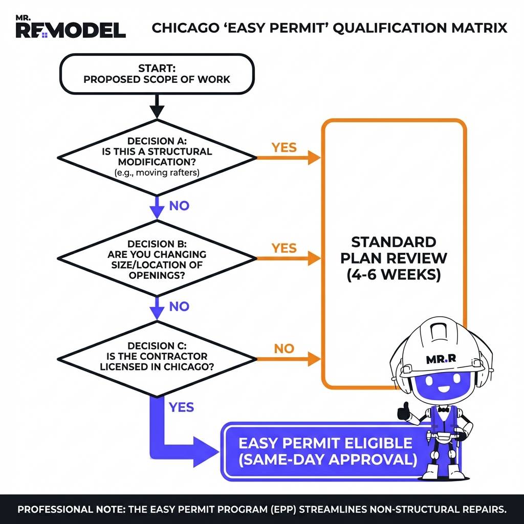 A decision tree showing that non-structural repairs with licensed contractors qualify for same-day approval, while structural changes require standard 4-6 week review.