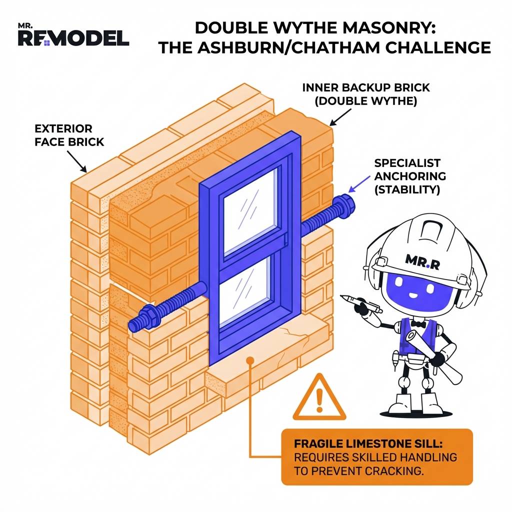 Technical cross-section illustrating window installation challenges in two-layer brick walls, highlighting deep blue specialist anchoring versus fragile orange limestone sill risks.