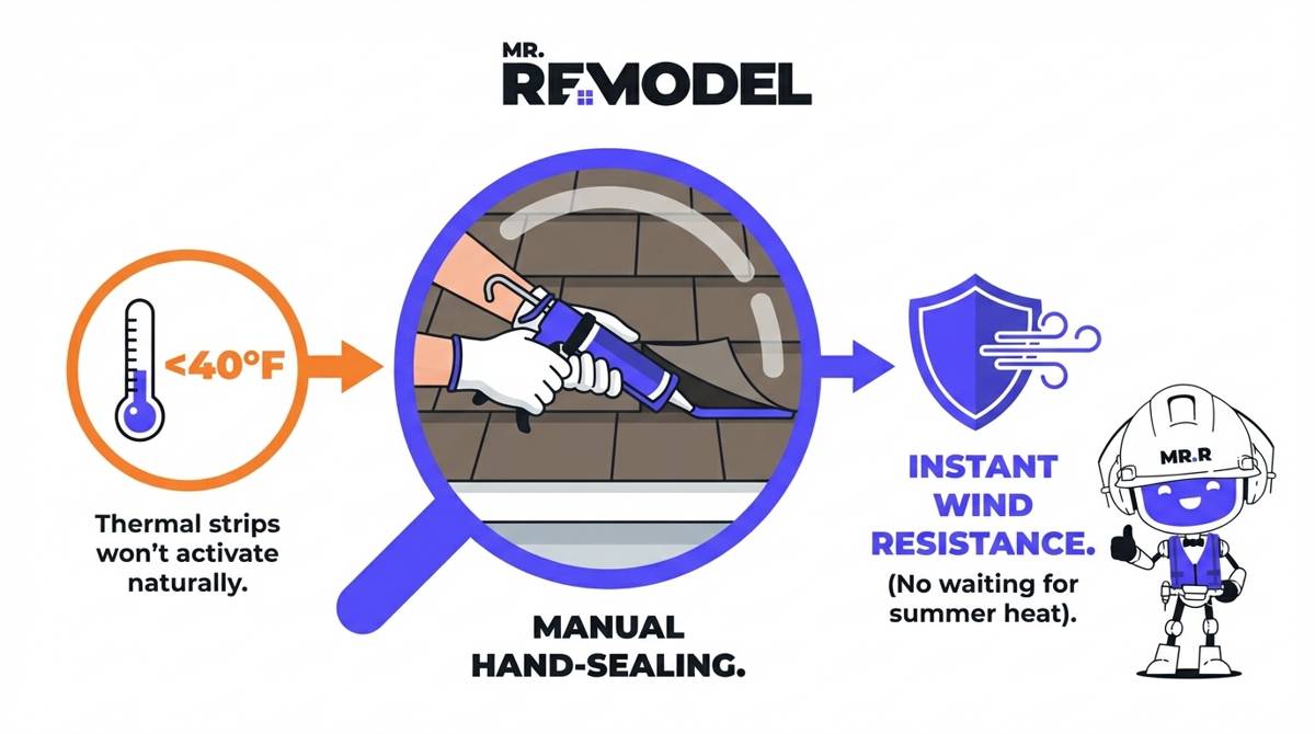 Infographic illustrating winter roofing protocol. Shows a thermometer below 40°F requiring manual hand-sealing of shingles with roofing cement for instant wind resistance.