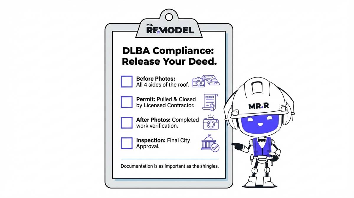 Detroit Land Bank compliance checklist infographic. A clipboard lists required steps to release a deed: before photos, licensed contractor permit, after photos, and final city inspection.
