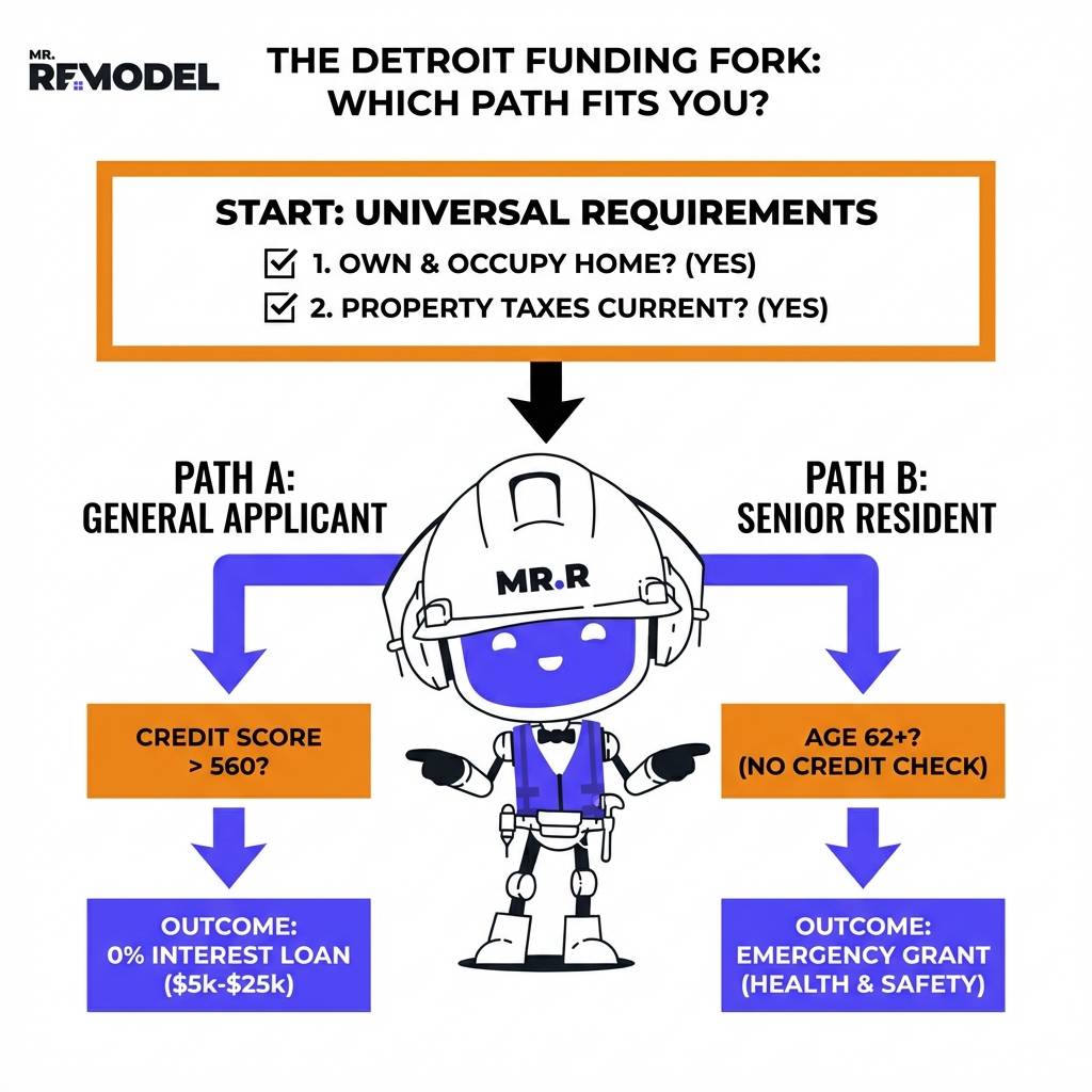 Mr. Remodel infographic comparing Detroit home repair funding: 0% Interest Loan eligibility requirements versus Senior Emergency Grant criteria.