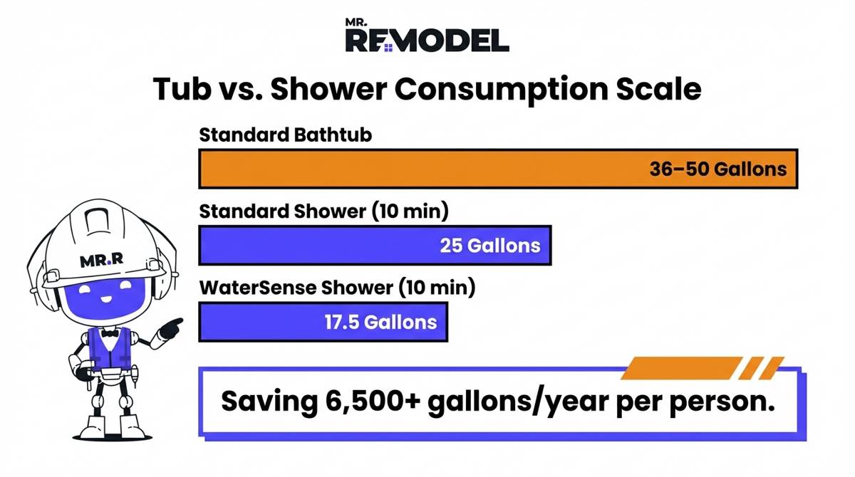 A bar chart compares water consumption showing that a WaterSense shower uses only 17.5 gallons versus up to 50 gallons for a standard bathtub.