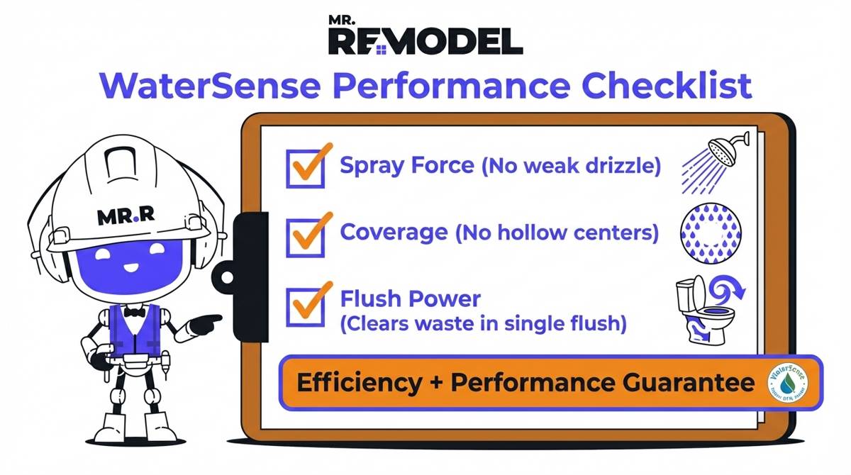 A checklist infographic details the WaterSense performance standards requiring adequate spray force coverage and flush clearing power to ensure efficiency does not sacrifice performance.