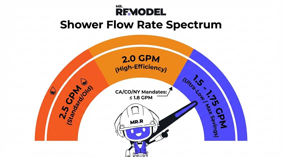A flow rate gauge categorizes showerheads from the standard 2.5 gallons per minute down to the ultra low 1.5 gallons per minute required in efficiency hotspots like California and New York.
