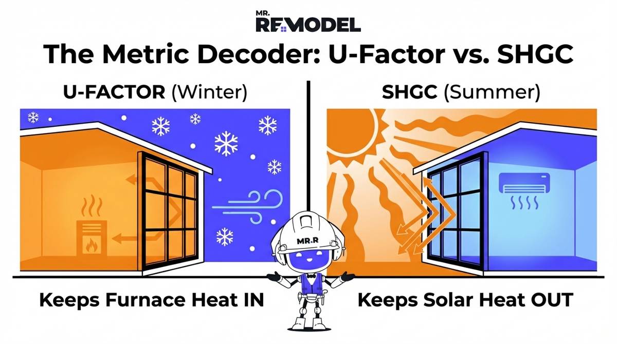 A split screen diagram illustrates U-Factor as the metric for keeping heat inside during winter and Solar Heat Gain Coefficient as the metric for keeping solar heat outside during summer.