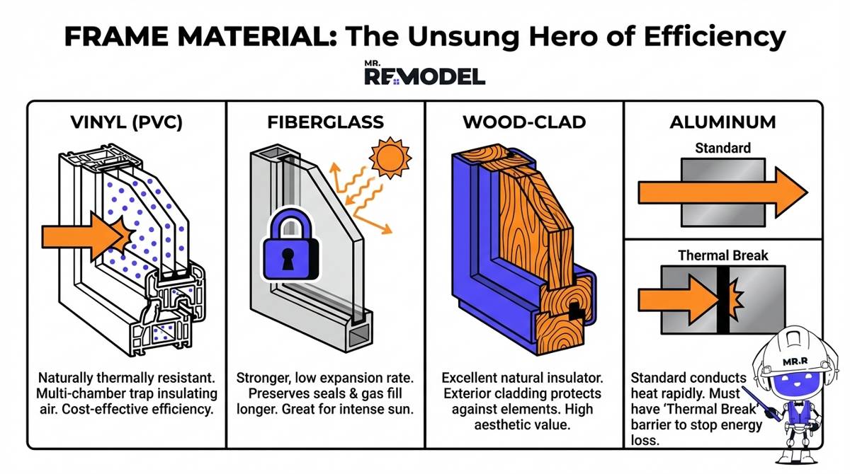 An infographic comparing window frame materials illustrates the internal thermal structures and efficiency differences between multi-chambered vinyl, rigid fiberglass, insulated wood-clad, and conductive aluminum.