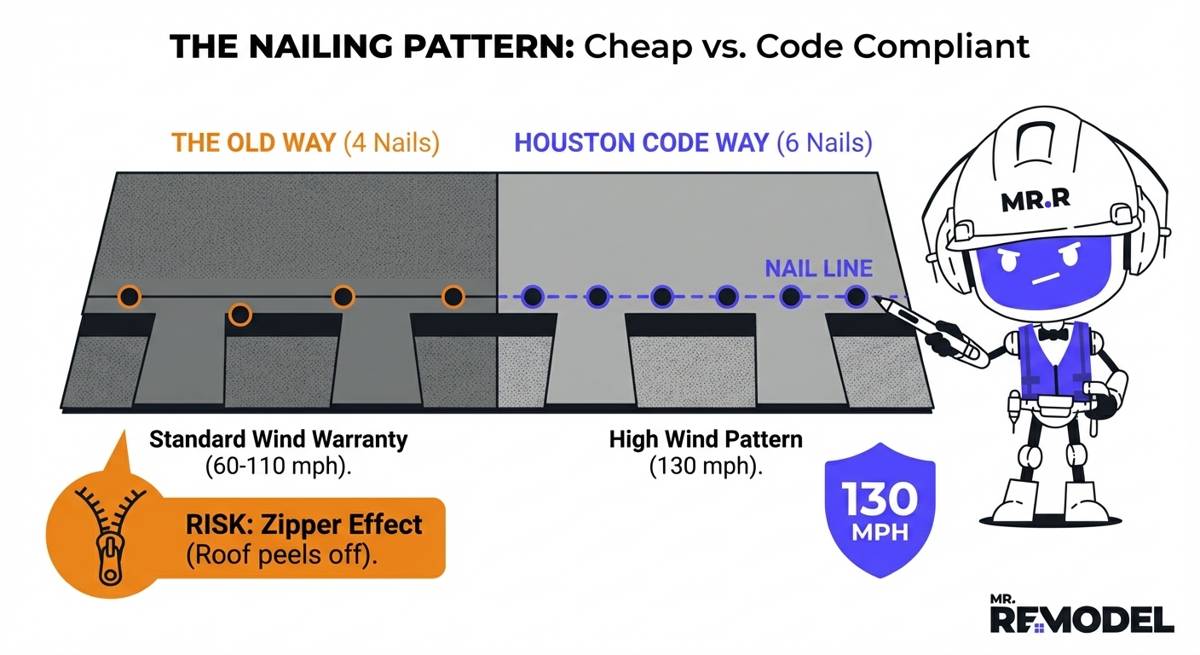 Technical diagram comparing cheap 4-nail roof installation versus code compliant 6-nail high wind pattern. Shows 4 nails risk zipper effect peeling while 6 nails on the nail line achieve 130 mph rating.
