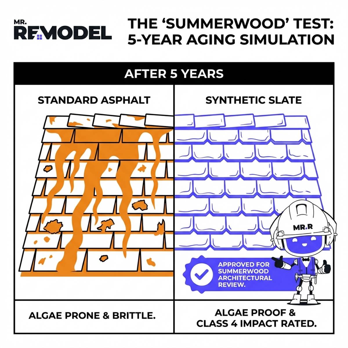 Standard asphalt showing orange algae streaks versus clean, durable synthetic slate approved for Summerwood HOA.