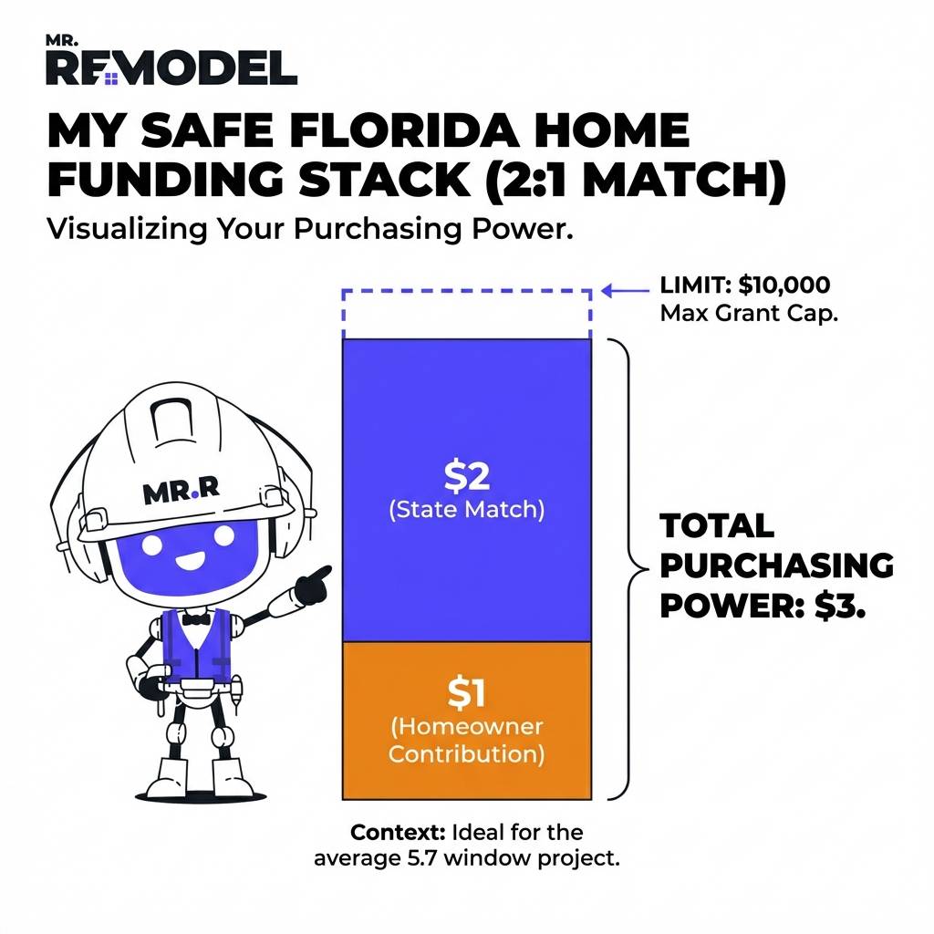 A funding graphic illustrates the 2-for-1 match of the My Safe Florida Home grant where every dollar spent by the homeowner is matched with two dollars from the state up to ten thousand dollars.