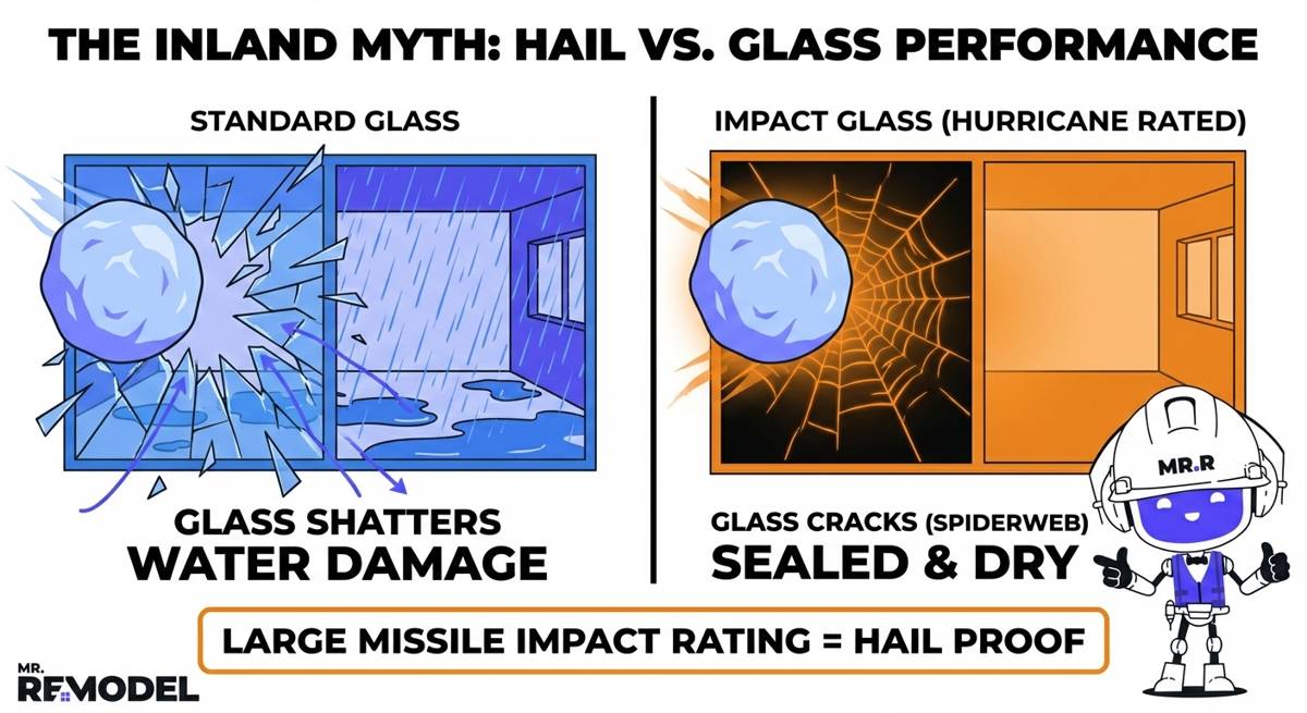 A side-by-side comparison shows standard glass shattering under hail impact versus impact glass cracking but remaining sealed protecting the home from water damage.