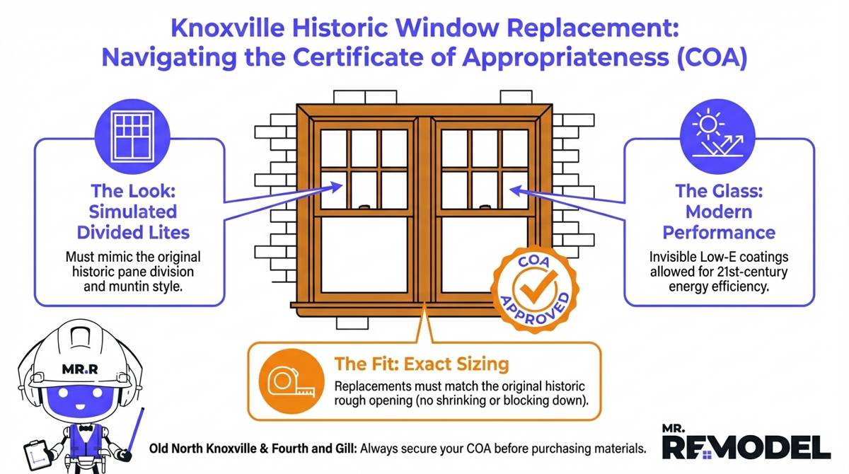 An architectural compliance infographic for Knoxville historic districts, highlighting the requirements for a Certificate of Appropriateness (COA), including simulated divided lites, exact original sizing, and energy-efficient glass.