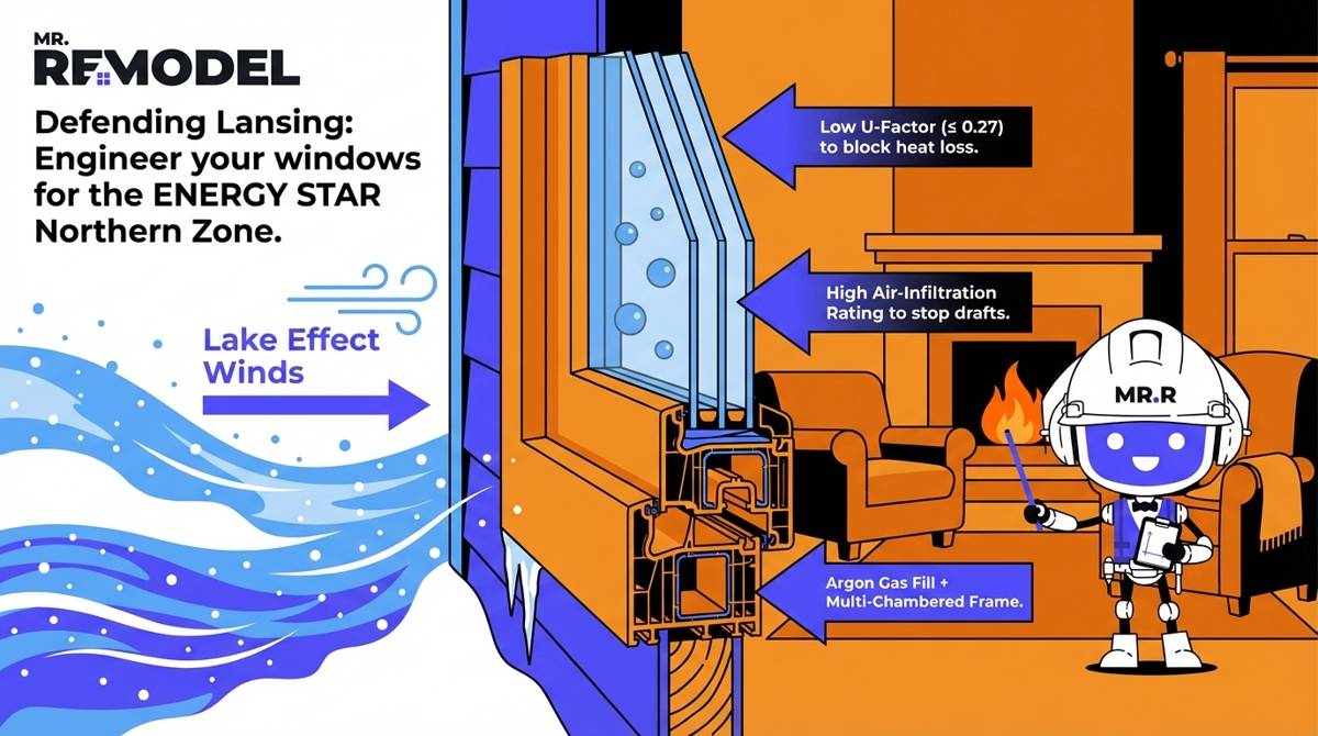 A cross-section diagram of a high-performance window, illustrating how low U-factor glass, argon gas fills, and high air-infiltration frames protect Lansing homes from Lake Effect winds and sub-zero temperatures.