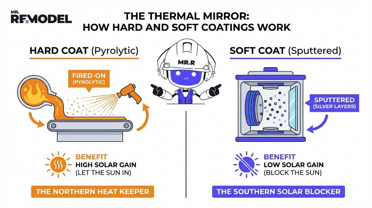 A technical comparison diagram illustrates that Hard Coat Low-E is fused to molten glass for heat retention, while Soft Coat Low-E is applied in a vacuum to block solar heat.