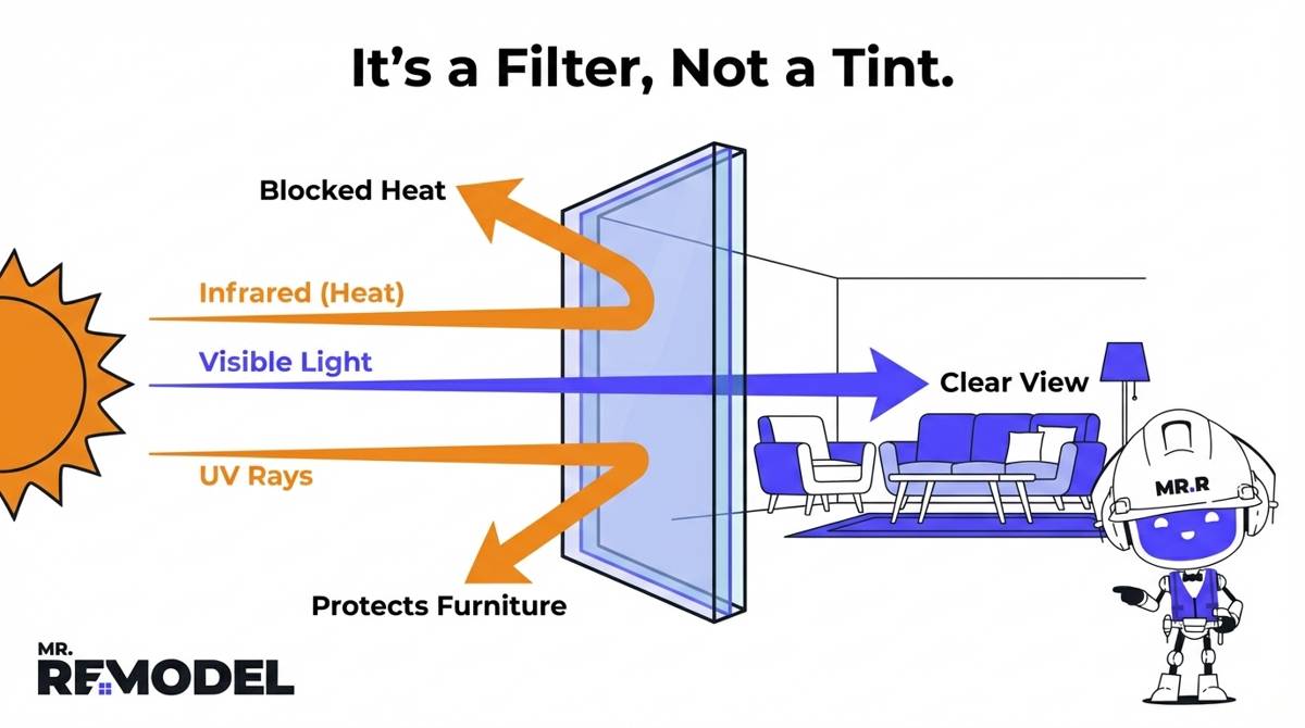 A spectrum diagram shows how spectrally selective glass acts as a filter, blocking invisible infrared heat and UV rays while allowing clear visible light to pass through.