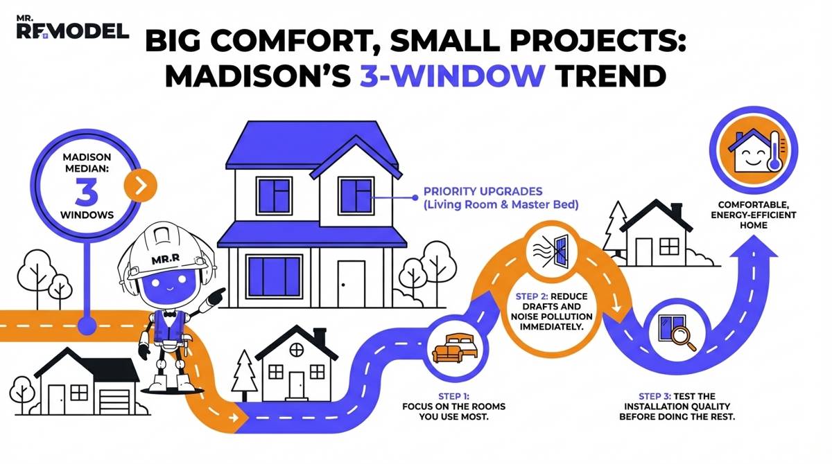 An infographic shows that the median window project in Madison is only three windows, illustrating how local homeowners use a phased approach to manage budgets and improve immediate comfort.