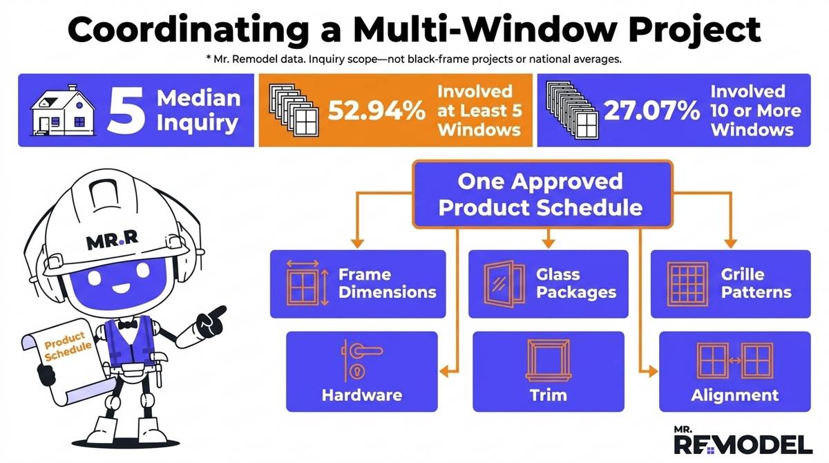 Mr. Remodel data shows a five-window median inquiry, alongside six specifications to coordinate across a multi-window project.
