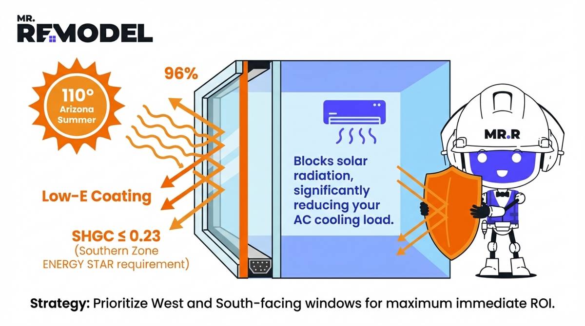 A technical diagram illustrating how high-performance windows protect Peoria homes, showing Low-E coatings reflecting 96% of infrared heat and highlighting the ENERGY STAR requirement of an SHGC rating of 0.23 or lower for the Southern Climate Zone.