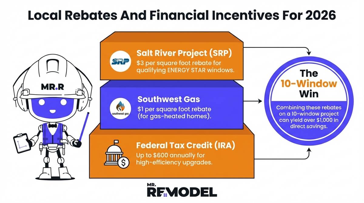 A financial incentive infographic for Peoria, AZ residents, stacking the available 2026 window replacement rebates: $3 per square foot from SRP, $1 per square foot from Southwest Gas, and up to a $600 annual Federal Tax Credit.
