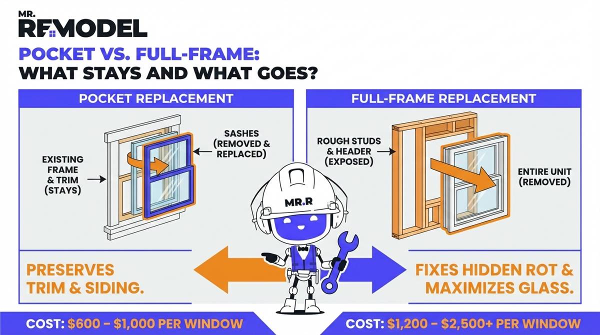 A side-by-side technical diagram compares Pocket Replacement, which keeps the original frame and trim for $600-$1,000, against Full-Frame Replacement, which strips the window to the studs for $1,200-$2,500 to fix structural issues.