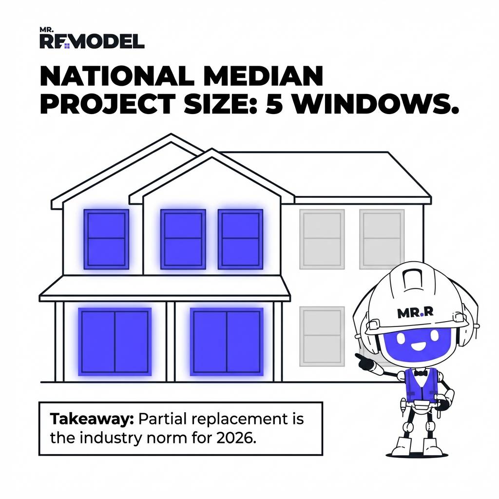 An architectural diagram highlights five specific windows on a home facade to illustrate that the median project size for window replacement in 2026 is partial rather than full home.