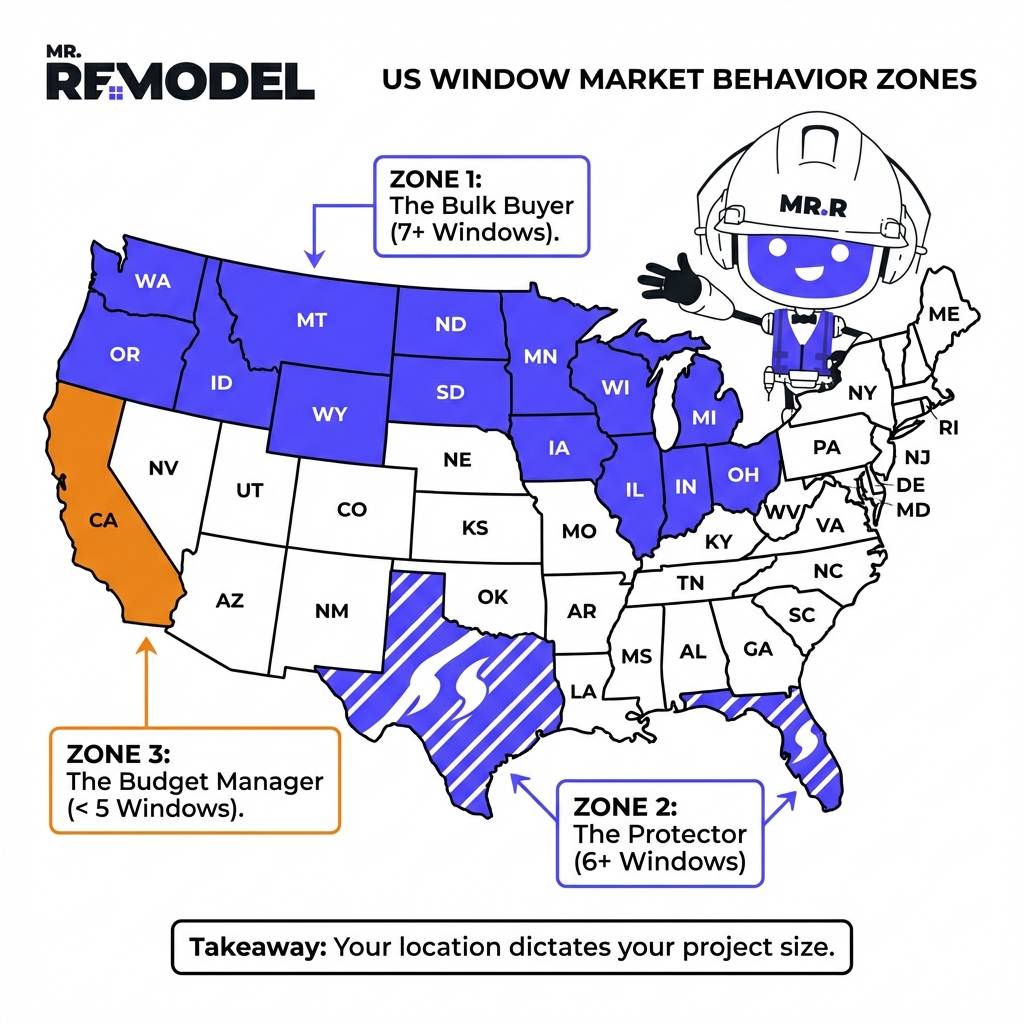 A color coded United States map illustrates three distinct window buying regions showing bulk purchases in the Midwest and phased upgrades in California.