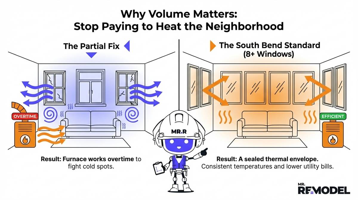 A comparative diagram illustrating the benefits of whole-home window replacement in South Bend, showing how replacing an average of 8 windows creates a consistent thermal envelope, whereas replacing just one leaves the furnace overworking against drafty older units.