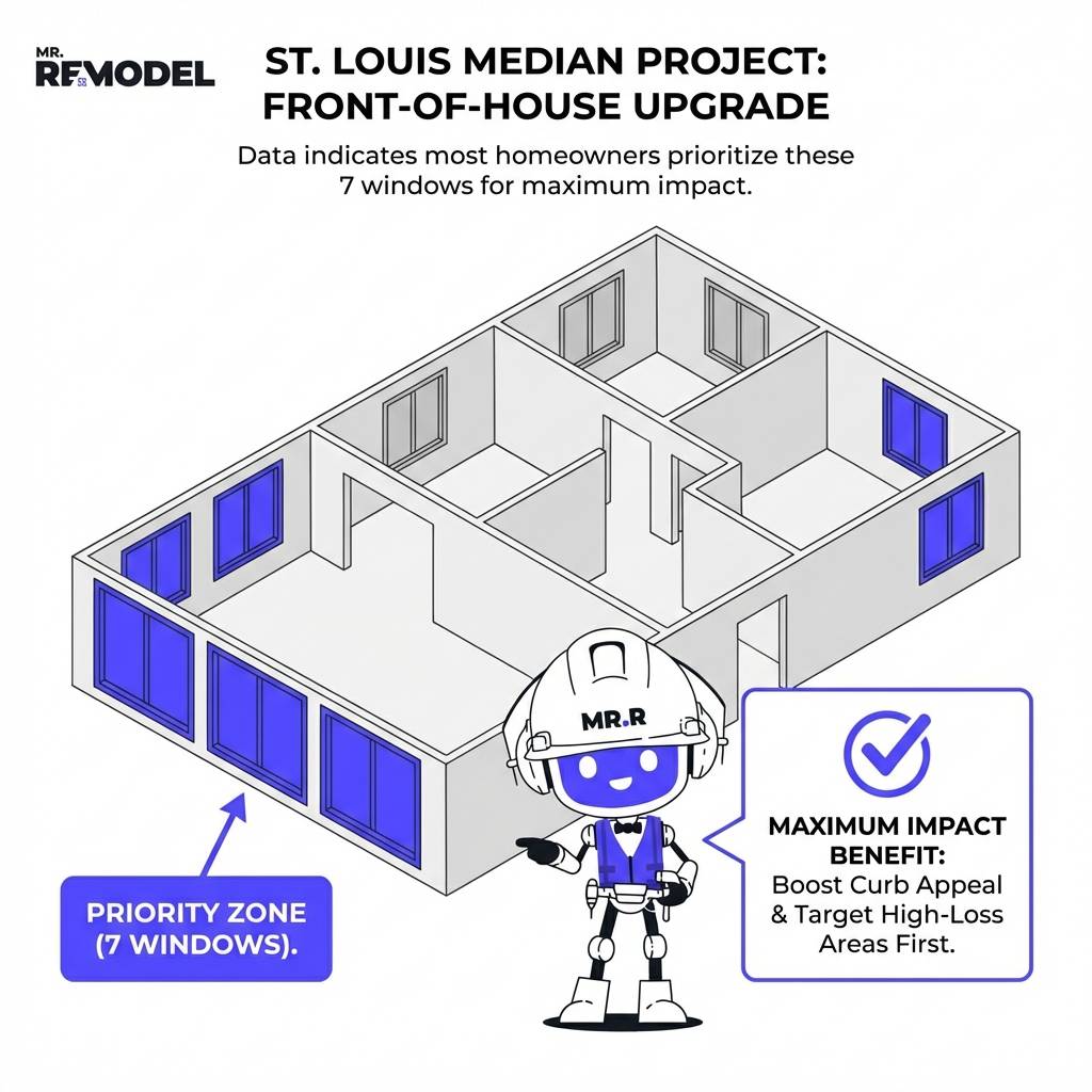 A floor plan diagram highlights the seven key windows in the living room dining room and master bedroom that make up the standard St. Louis bungalow renovation package.