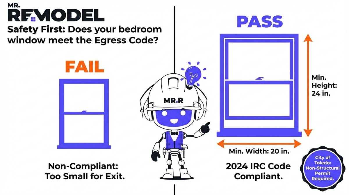 A compliance infographic for Toledo, OH, comparing a standard window to a code-compliant egress window, showing the safety dimensions required by the 2024 International Residential Code (IRC) for emergency exits.