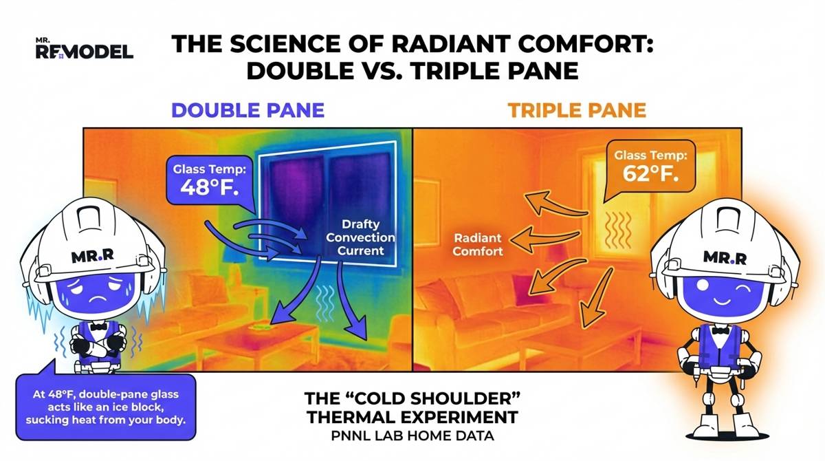 A thermal imaging comparison shows a drafty 48-degree double-pane window creating a cold zone versus a neutral 62-degree triple-pane window that retains radiant heat.