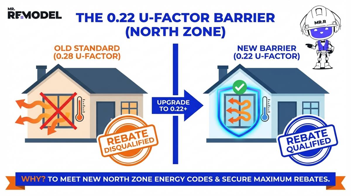 A graphic illustrating that double-pane windows fail to meet the new 0.22 U-Factor requirement, while triple-pane windows clear the bar to qualify for tax credits.