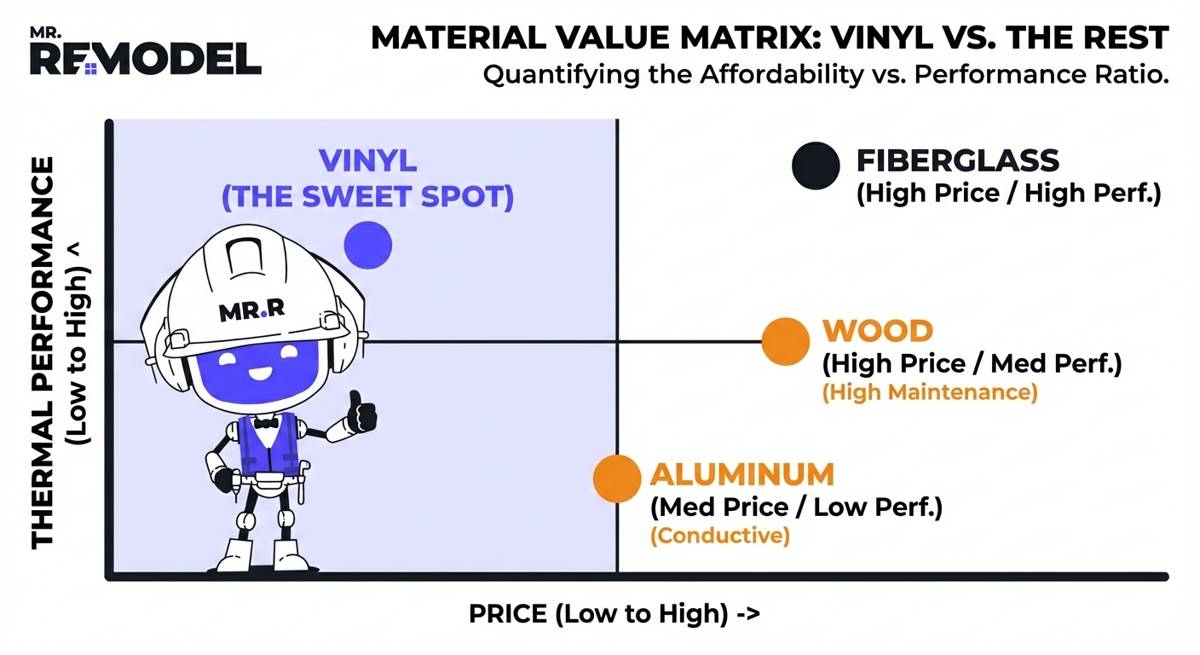 A quadrant chart identifies vinyl windows as the optimal choice for high thermal performance at a low price point compared to wood fiberglass and aluminum.