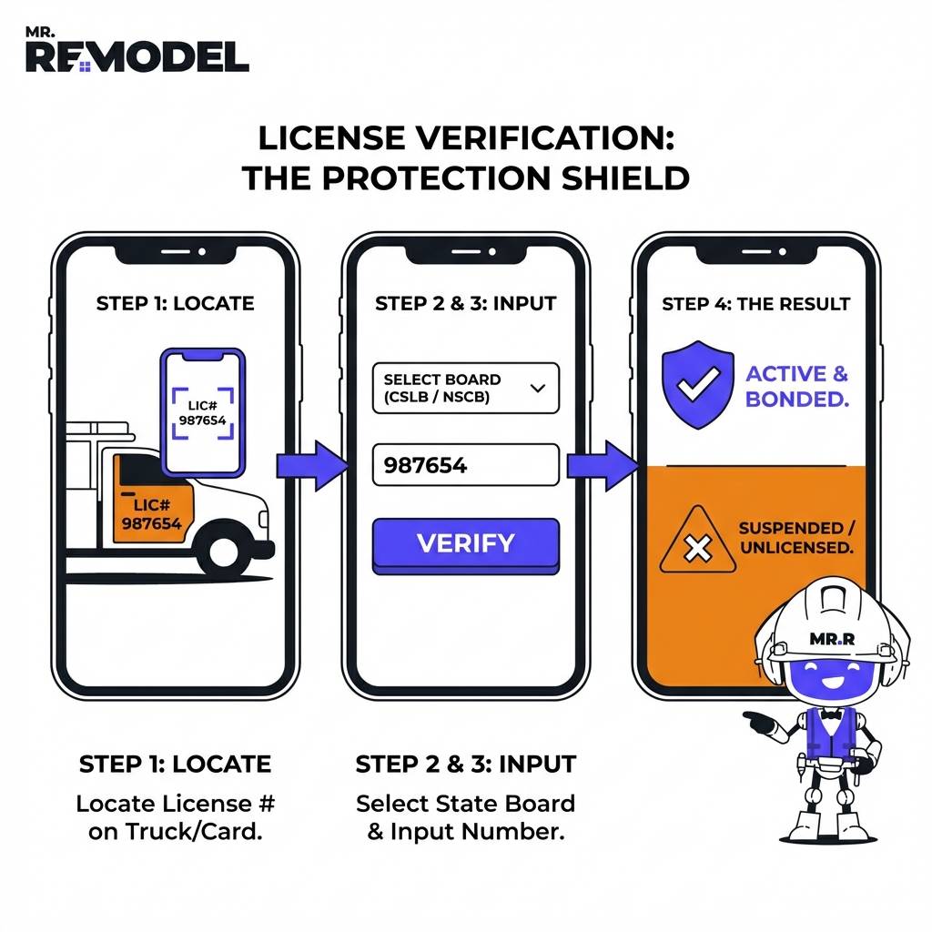 A smartphone mockup demonstrates the three steps to verify a contractor license online ensuring the status is active and bonded.