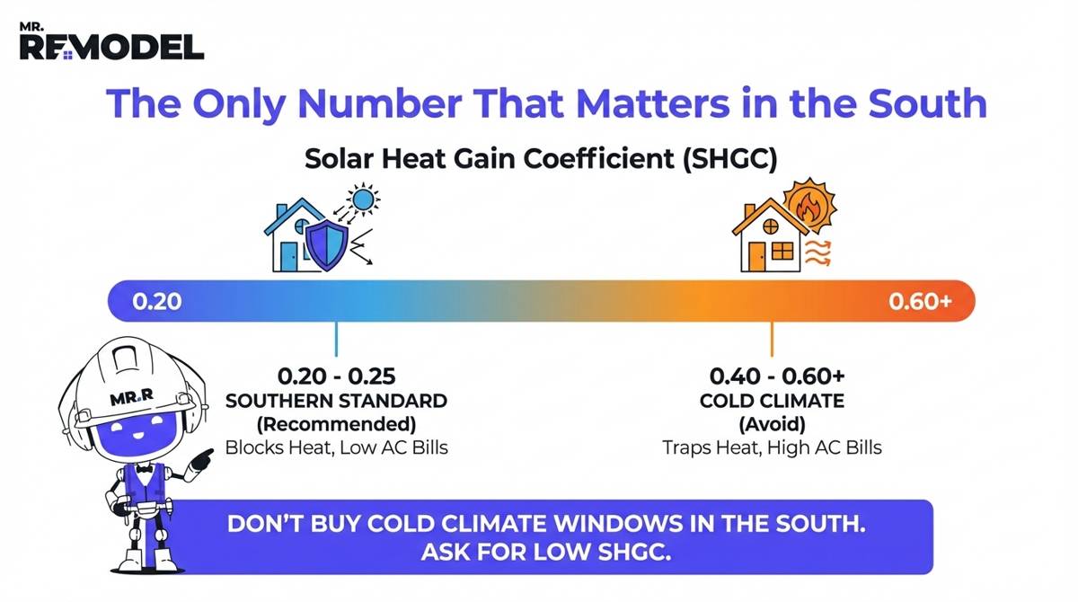 A vertical scale illustrates SHGC ratings, showing that high ratings like 0.75 trap heat for cold climates while low ratings of 0.23 or less block heat for hot climates.