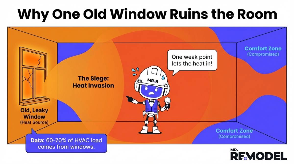 A thermal diagram demonstrates that leaving a single old window in a room of new ones acts like an open oven door, negating the cooling benefits of the upgrades.