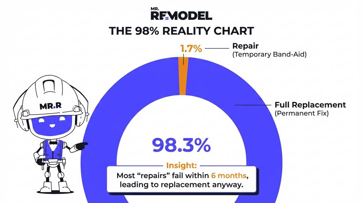 A donut chart showing that 98.3% of window repair attempts end in full replacement, highlighting the ineffectiveness of temporary fixes.