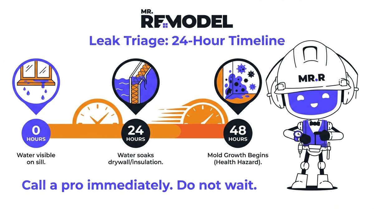 An urgency timeline illustrates the progression of a window leak, from visible water at 0 hours to mold growth beginning at 48 hours, urging immediate action.