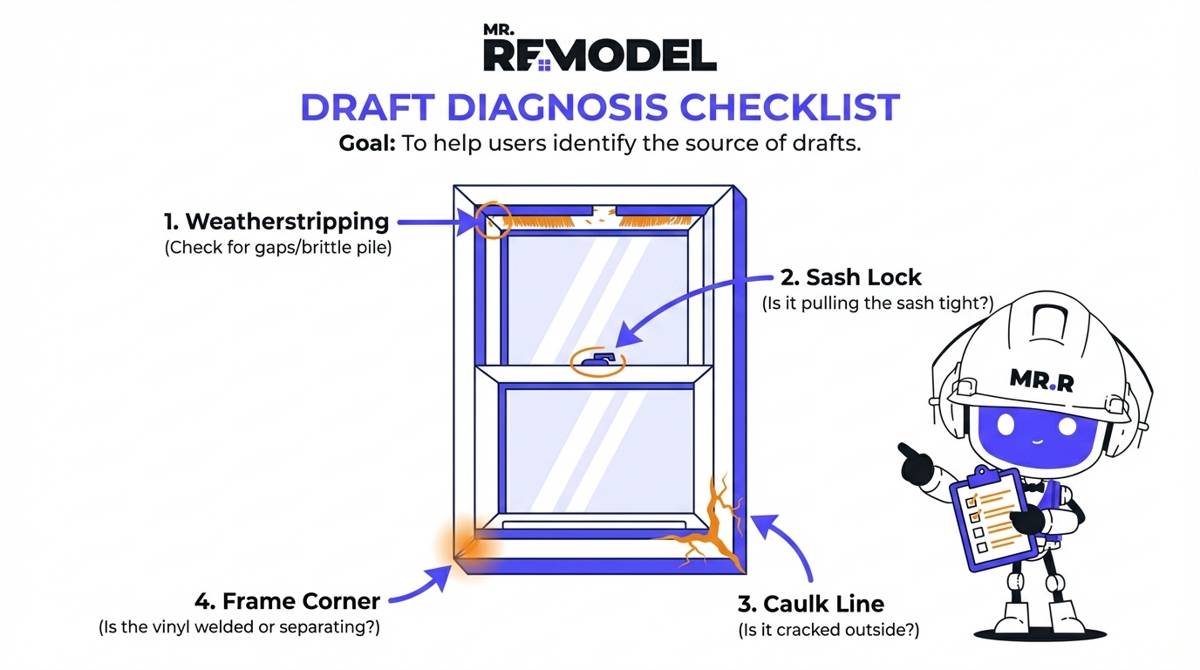 A window illustration highlights key inspection points for drafts: weatherstripping condition, sash lock tightness, exterior caulk lines, and frame corner integrity.