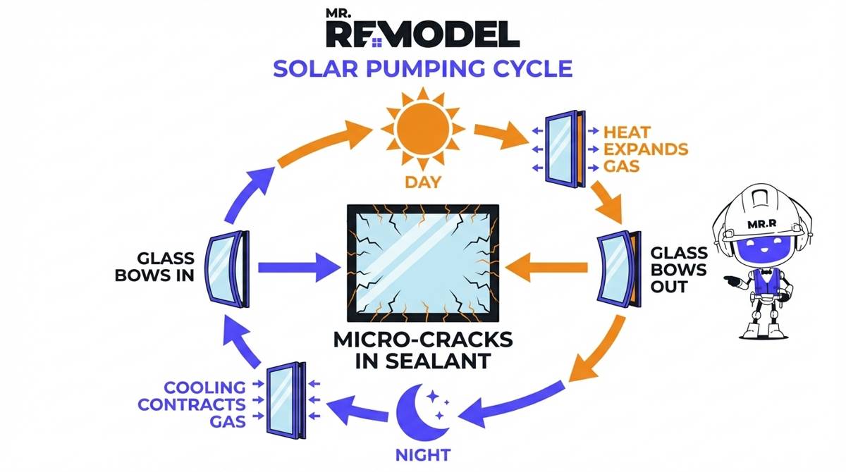 A cycle diagram illustrates solar pumping where heat expands gas during the day and cooling contracts it at night, causing micro-cracks in the window sealant.
