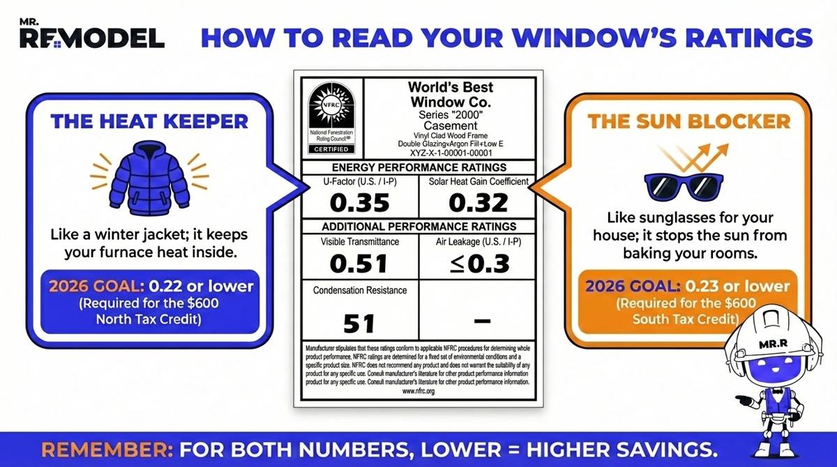 An annotated NFRC window label translates U-Factor as 